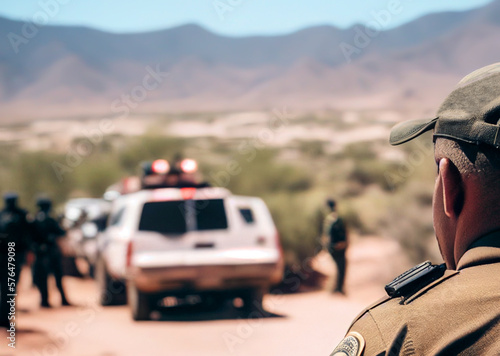 Border in Mexico and USA. US-Mexican border fence in Arizona, USA. Minranis cross border illegally. Police patrol stops illegal crossing of the state border by migrants. Ai Generative illustration. photo
