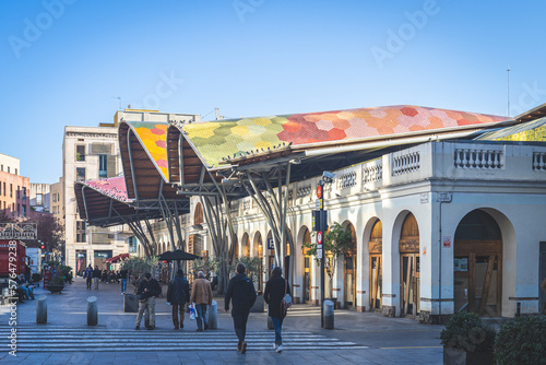 Barcelona, Spain - January 27, 2022. View of the Santa Caterina market featuring a unique, wavy roof & colorful mosaics photo