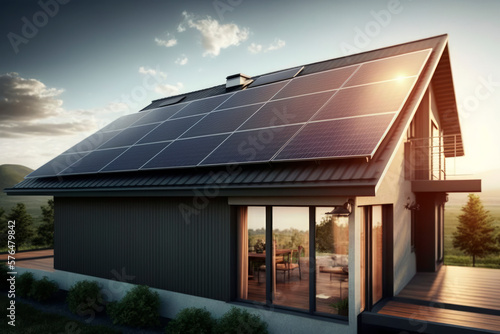 Sustainable House with Solar Panels on the Roof Generative Ai © SnapVault