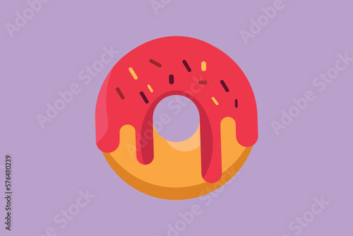 Graphic flat design drawing stylized donut store logo label. Emblem fast food doughnut restaurant concept for cafe shop or food delivery service. Delicious breakfast. Cartoon style vector illustration