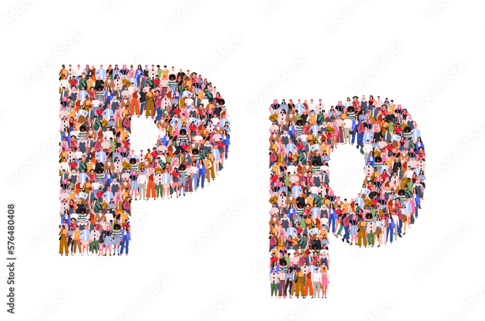 Large group of people in letter P form. People standing together. A crowd of male and female characters. Flat vector illustration isolated on white background. Large group of people in letter P form. People standing together. A crowd of male and female characters. Flat vector illustration isolated on white background.