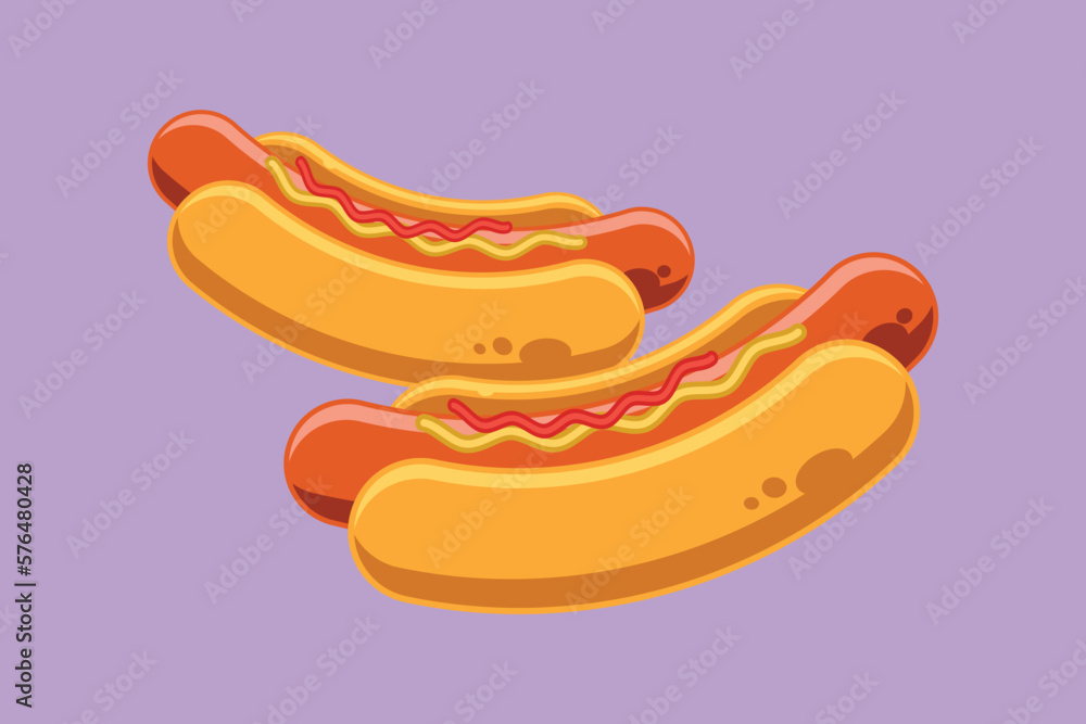 Graphic flat design drawing two fresh American hot dog logo graphic vector illustration. Fast food sandwich cafe menu and restaurant badge concept. Delicious lunch. Cartoon style vector illustration Graphic flat design drawing two fresh American hot dog logo graphic vector illustration. Fast food sandwich cafe menu and restaurant badge concept. Delicious lunch. Cartoon style vector illustration