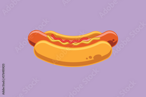Character flat drawing fresh delicious American hot dog restaurant logo emblem. Fast food hotdog logotype template concept for cafe, shop or food delivery service. Cartoon design vector illustration