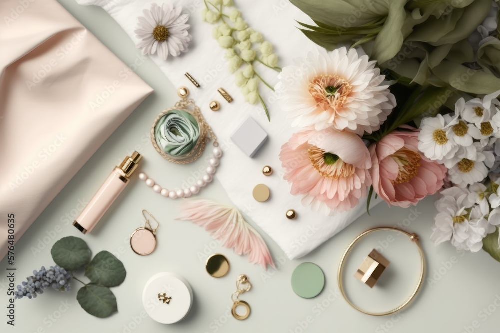 Stylish workspace with spring flowers, notepad, pen, cup of coffee and feminine accessories top view, flat lay. Mockup for designers, bloggers, articles etc. AI generate Stylish workspace with spring flowers, notepad, pen, cup of coffee and feminine accessories top view, flat lay. Mockup for designers, bloggers, articles etc. AI generate