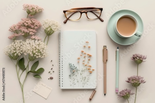 Stylish workspace with spring flowers, notepad, pen, cup of coffee and feminine accessories top view, faded, warm toned, flat lay. Mockup for designers, bloggers, articles etc. AI generate