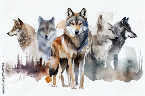 Leader of the wolves with his pack on the hunt. Watercolor realistic illustration on a white background. Generative AI.