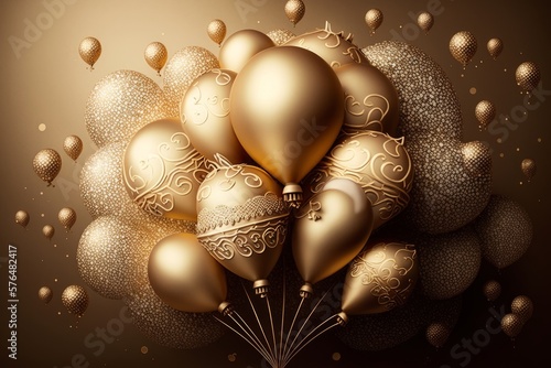 Baloon Decoration Template. Golden Event Balloon. Golden Confetti. Air Concept Banner.