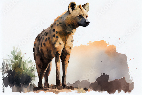 African spotted hyena in its natural habitat. Watercolor realistic illustration on a white background. Generative AI.