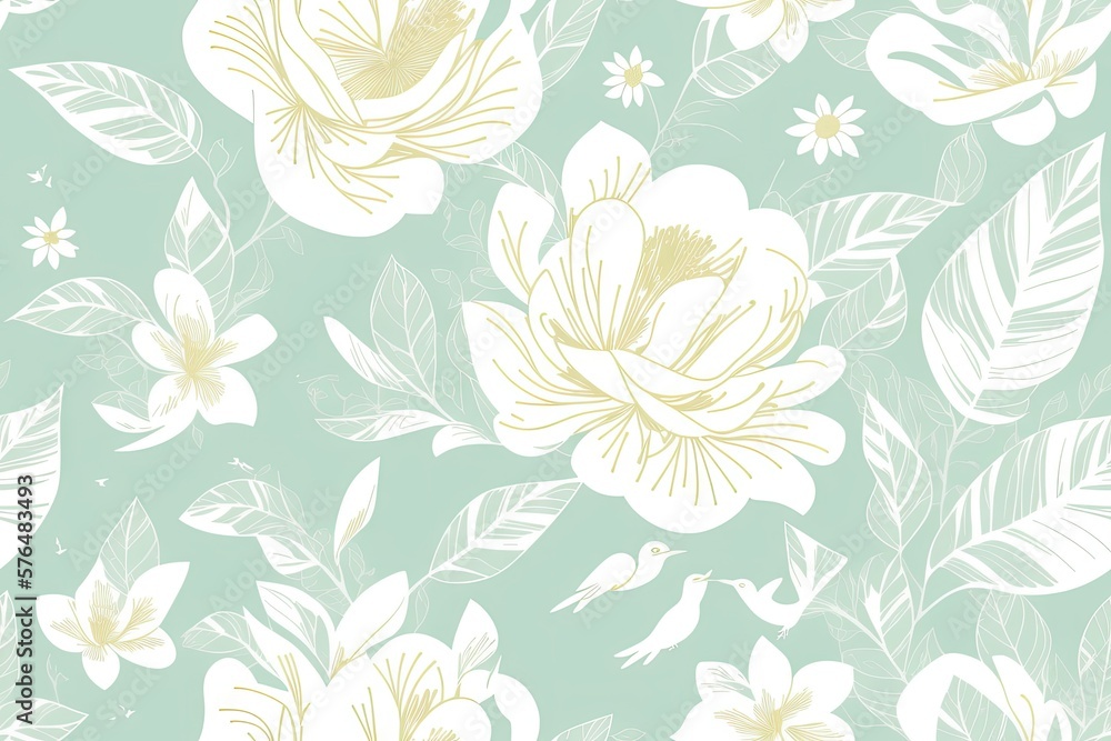 Gardenias with green leaves background. Seamless flat painting. Beautiful tribal generative ai art background Gardenias with green leaves background. Seamless flat painting. Beautiful tribal generative ai art background