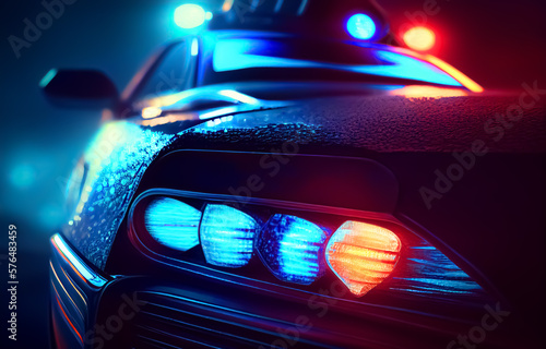 Police lights of the Police car. Police car with red and blue emergency. Emergency vehicle lighting. LED blinker flasher Police car. Ai Generative illustration.