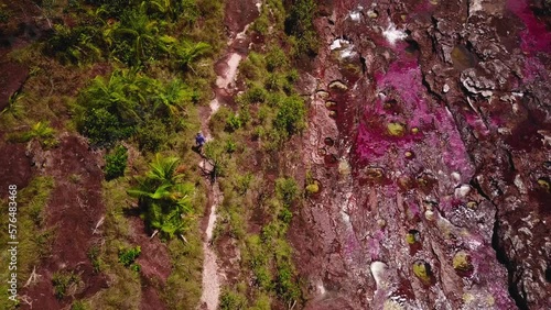 Aerial shot of a person walking near moving water over colorful river in the interior of the Colombian jungle of the Serrania de la Macarena photo