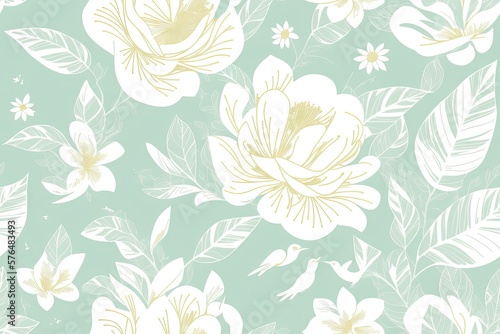 Wallpaper Mural Gardenias with green leaves background. Seamless flat painting. Beautiful tribal generative ai art background Torontodigital.ca