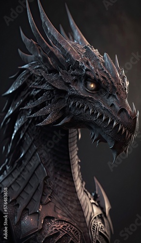 Gothic dark illustration of a black dragon. Generative AI art.