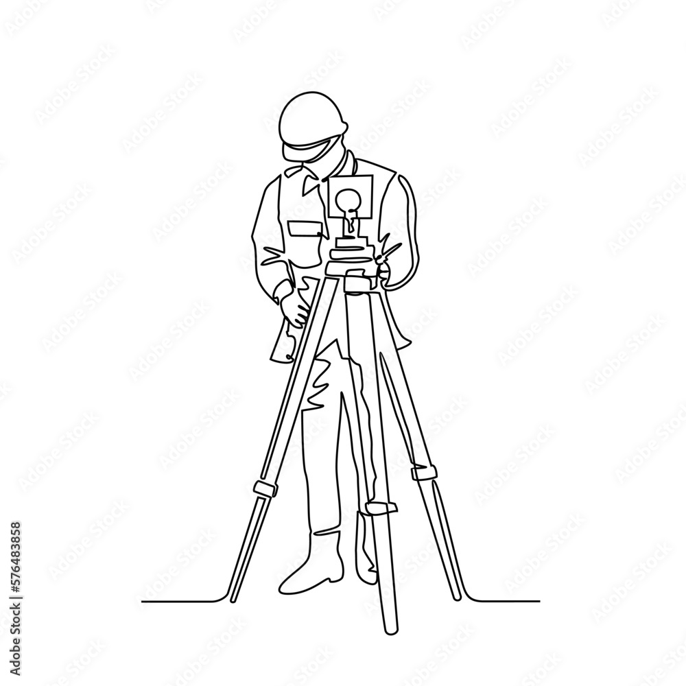 One continuous line drawing of a surveyor in the construction project. Surveyor design with simple linear style. Construction project design concept Vector illustration