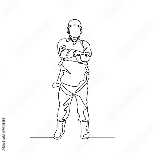 One continuous line drawing of Construction Engineers using full body harness in the construction project. Construction Engineer design with simple linear style. Construction project design concept