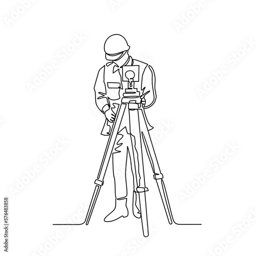 One continuous line drawing of a surveyor in the construction project. Surveyor design with simple linear style. Construction project design concept Vector illustration