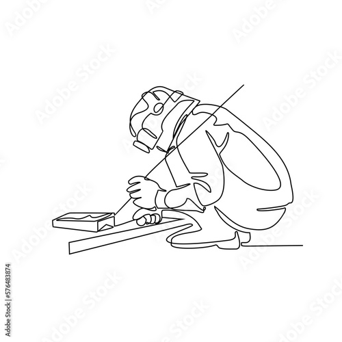 One continuous line drawing of a welder using welding machine in the construction project. welder design with simple linear style. Construction project design concept Vector illustration
