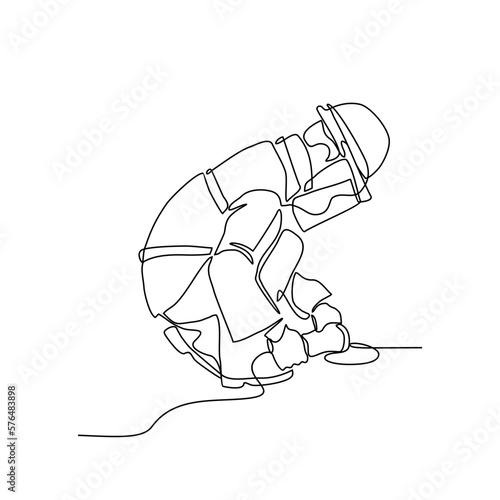 One continuous line drawing of a worker using grinding machine in the construction project. Worker design with simple linear style. Construction project design concept Vector illustration

