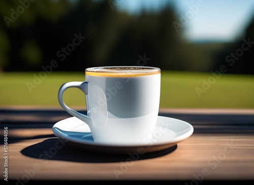 Coffee mug on a picnic table  isolated in a blurred nature background  generative Ai