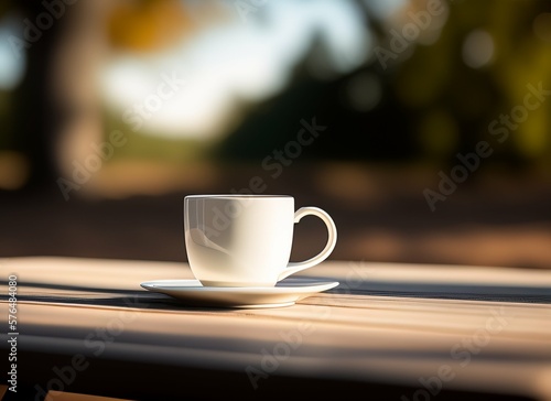 Coffee mug on a picnic table, isolated in a blurred nature background, generative Ai