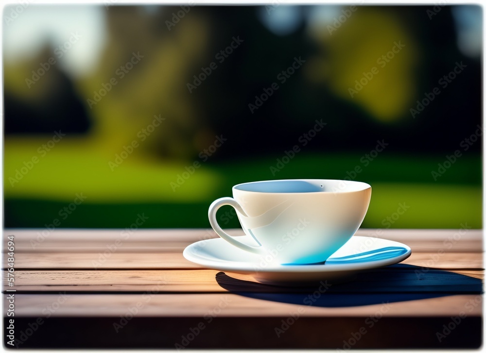 Coffee mug on a picnic table, isolated in a blurred nature background, generative Ai Coffee mug on a picnic table, isolated in a blurred nature background, generative Ai