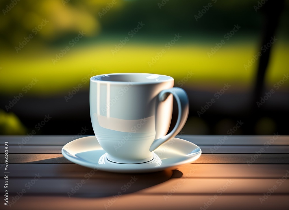 Coffee mug on a picnic table, isolated in a blurred nature background, generative Ai Coffee mug on a picnic table, isolated in a blurred nature background, generative Ai