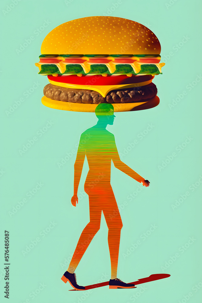 Junk food personified, the walking burger, you are what you eat, healthy eating concept Junk food personified, the walking burger, you are what you eat, healthy eating concept