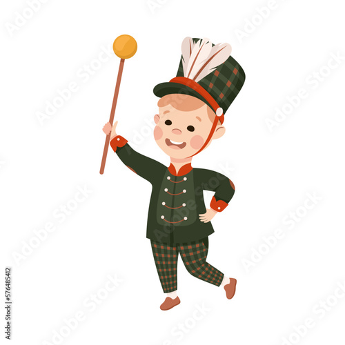 Cute boy drum major. Happy kid in black traditional costume marching band parade with rod cartoon vector illustration