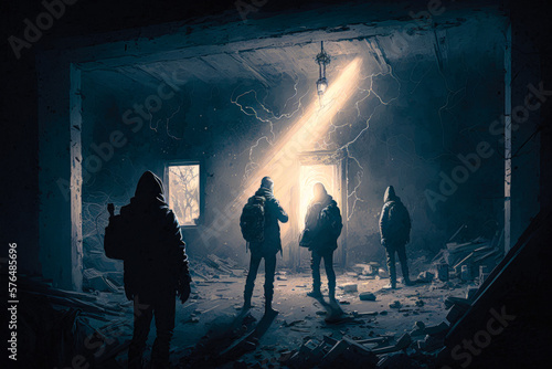 A group of friends exploring an abandoned building with flashlights, capturing the eerie atmosphere and mystery, illustration - Generative AI