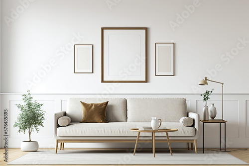 Blank Picture Frame Mockup on White Wall in Scandinavian Living Room