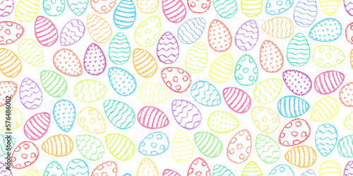 Chalk Easter eggs pattern. Crayon style Easter print. Children drawing eggs hand drawn wax crayons art on white. Color pastel crayons freehand drawn egg background. Fabric Easter texture.Chalk eggs.