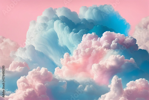 Background of fluffy baby pink and blue pastel cotton candy clouds in the sky. Generative AI  