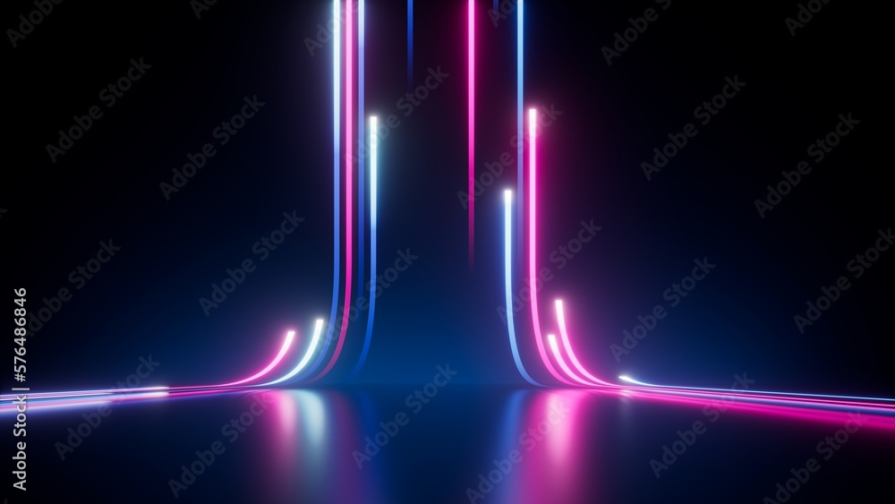 3d rendering, abstract neon background. Modern wallpaper with glowing vertical lines - obrazy, fototapety, plakaty 