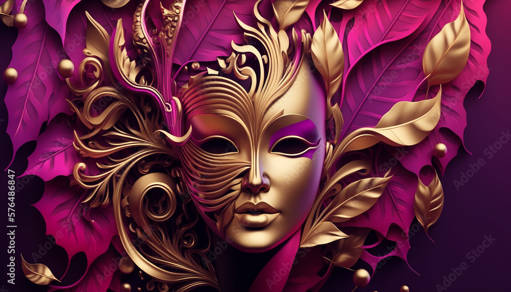 girl in Venice Italy carnival costume and magenta and gold color mask .Generative AI