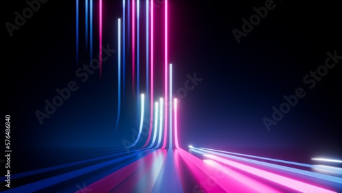 Leinwand Poster 3d render, abstract background with vertical pink blue neon lines glowing in the dark