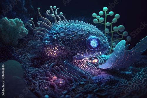 Strange imaginary animal underwater, with shell and tentacles, bioluminescence effect, on underwater background, AI generative.