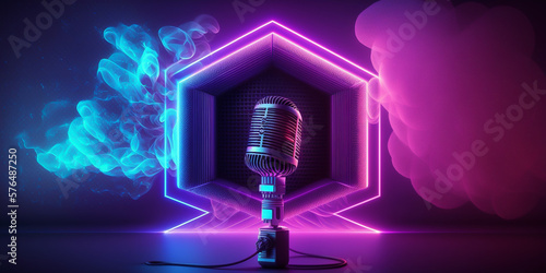Abstract blue pink neon banner with retro microphone. 3d background or wallpaper design for header, website or streamer on twitch or youtube.