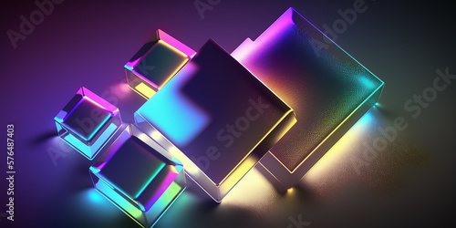 Abstract 3d background wallpaper with glass squares with colorful light emitter iridescent neon holographic gradient. Design glowing visual element for banner header poster or cover. 