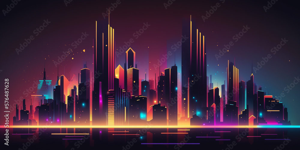 Abstract 3d colorful digital futuristic cyberpunk city neon background banner..