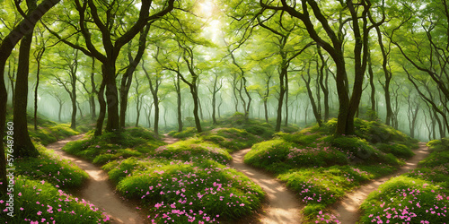 Illustration of spring forest. Landscape with trees with green leaves  grass  flowers  trails  rays of the sun breaking through the crowns. Background with pristine nature. Generative AI