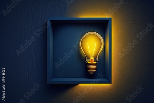 Illustration of yellow light bulb on dark blue background, ideas and creativity concept. Generative AI