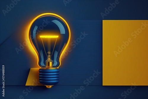 Illustration of yellow light bulb on dark blue background, ideas and creativity concept. Generative AI