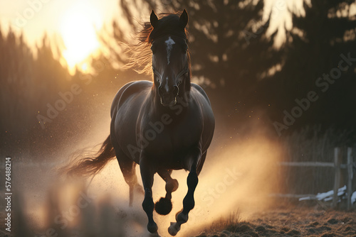 Foto a black horse from the front running in a field, photorealism