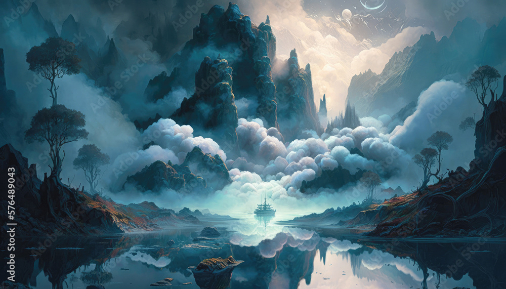 a world filled with mist, clouds, and other ethereal elements, creating a dreamlike landscape, illustration - Generative AI