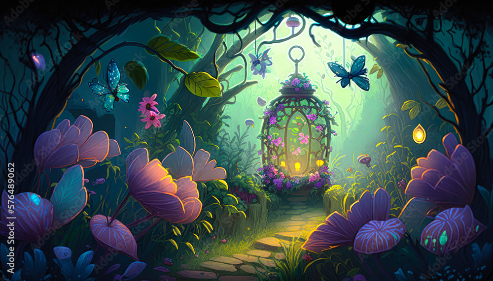 whimsical, enchanted garden with towering flowers, glowing insects, and a peaceful atmosphere, illustration - Generative AI