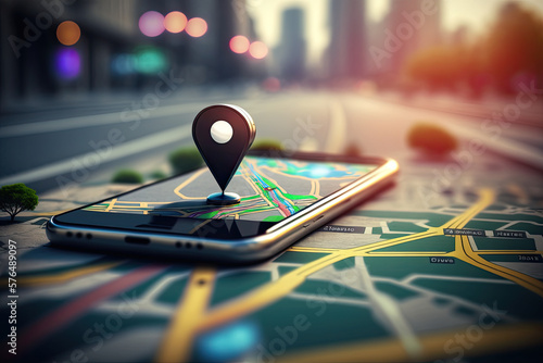 Point on smartphone with gps navigator icon and map on blur traffic road. Generative AI