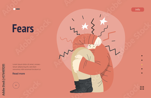 Mental disorders web template. Fears- modern flat vector illustration of woman dreading nervous, bracing herself meeting with stress experience. People emotional, psychological, mental traumas concept