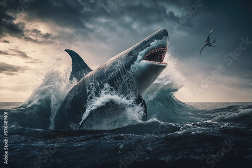 A huge megalodon shark jumps out of the sea waves. Generative AI