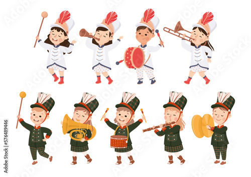 Set of boys and girls in traditional costumes playing different musical instruments in marching band parade cartoon vector illustration