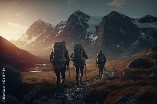 a group of hiker's backpack through the vast mountains at sunset, Generative AI © Vincent